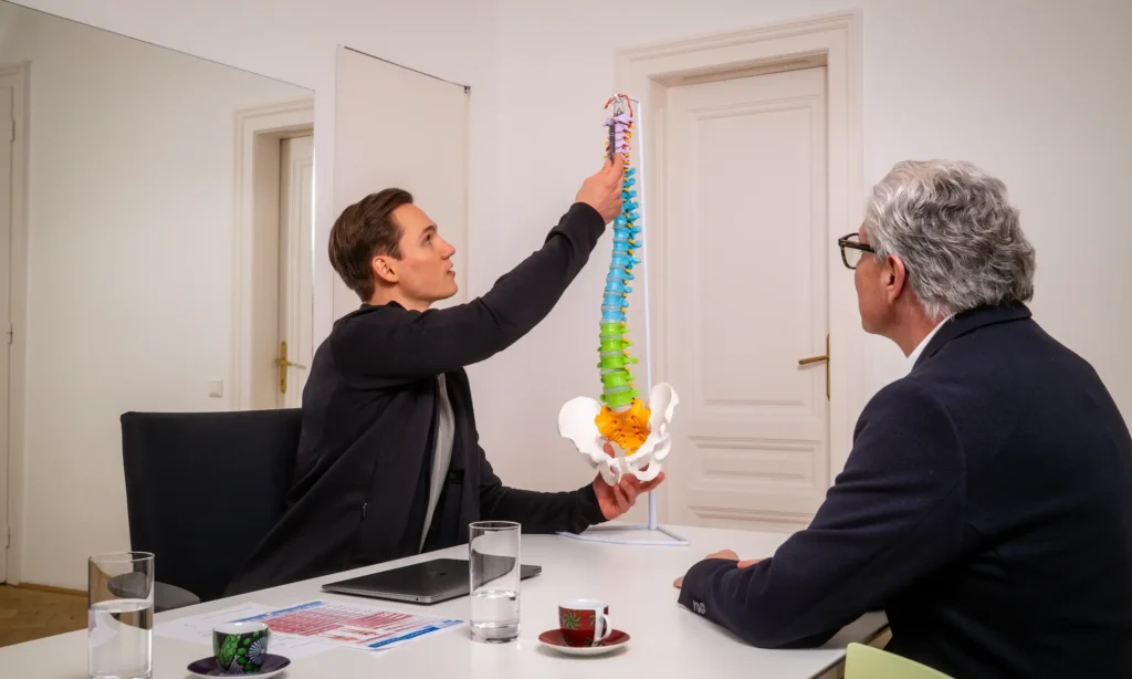 Physiotherapie Wien; Gesundheitstraining Wien; Trainer erklärt Wirbelsäule und Körperhaltung im Beratungsgespräch